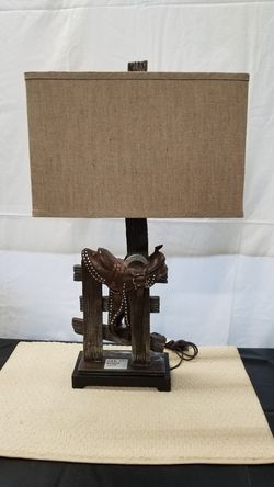 Very cool western saddle table lamp with rectangular linen shade