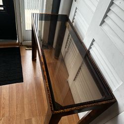 Maitland-Smith Vintage Faux Tortoise Shell Parsons Console Table with Smoked Glass Top and Brass Feet