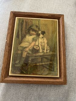 Kimberly Enterprises Oak Framed Ceramic Tile girl and Her dog Drum 