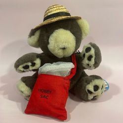 Vintage Eaton Bear Shop Honey Sac Brown &amp; Cream Teddy Bear w Straw Hat 8” NWT 