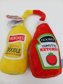 BARK Dog Toy Set Large Frenchies Mustard & Houndz Ketchup Plush Tug Squeaky Toys