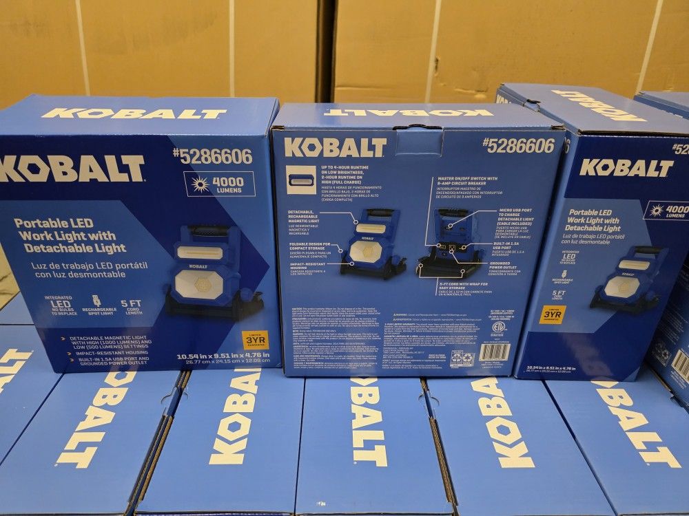 Brand new in box 3 for $150. Kobalt 3.6-volt 4000 -Lumens LED Plug-in Portable Work Light 1 -Batteries