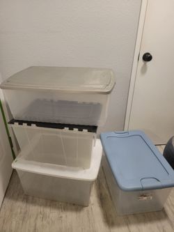 Four Large Storage Plastic Totes Containers