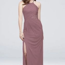 Black high-neck mesh bridesmaid dress with lace insert 