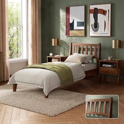 SV1005 Ted Bed Frame with Headboard, Mid Century Modern Acacia Solid Wood Platform Bed Frame, Wooden Slats, No Box Spring, Double Metal Bar Support (S