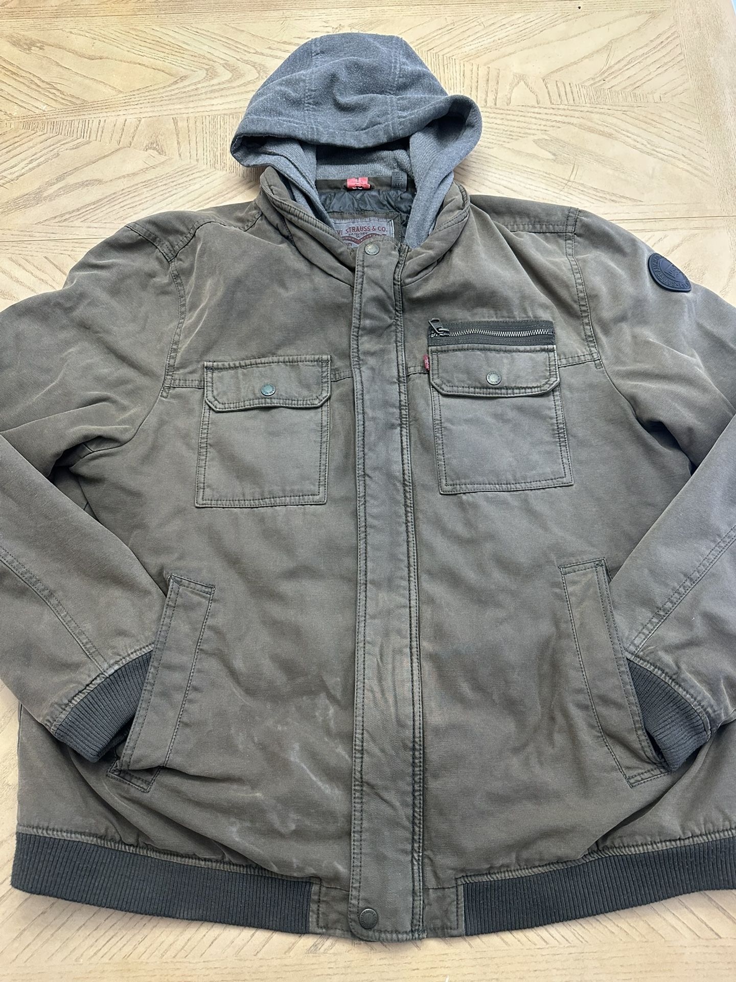 Levi's Men's 2XL Durable Cotton Hooded Lined Zip Utility Field Work Jacket Small flaw inside tear 