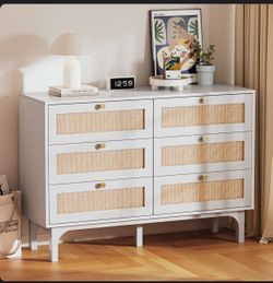 White 6-Drawer Dresser with Rattan Fronts