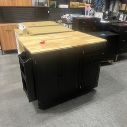 Kitchen Island with Storage, Black Rolling Kitchen Island on Wheels with Drop-Leaf Bar Countertop, Island Table for Kitchen with Side Open Spice Rack 