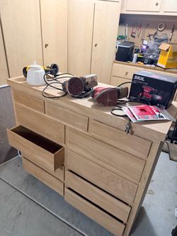 Unfinished wood 9 drawer set dresser. 2 sanders, Wagner paint gun, Stanley shop vac