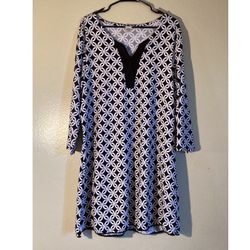 Dotti 3/4 Sleeve V-Neck Geometrical Tunic Dress Blouse Women Size Large Black & White