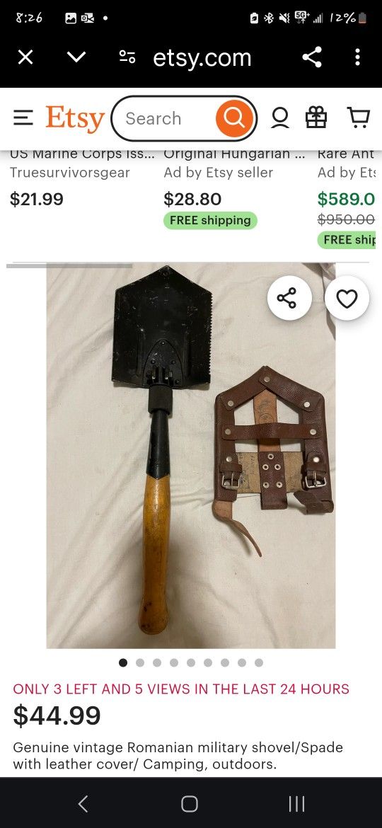 Genuine vintage Romanian military shovel/Spade
with leather cover/ Camping, outdoors.