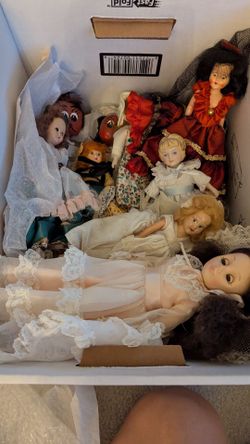 Box of vintage dolls from 40s to 70s