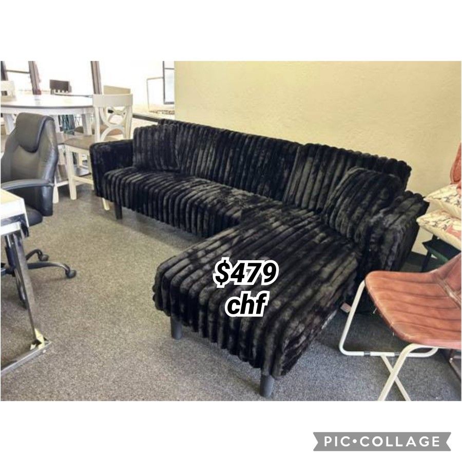 BLACK Corduroy Reversible Click Clack Sectional Sofa w/ USB & Pillows