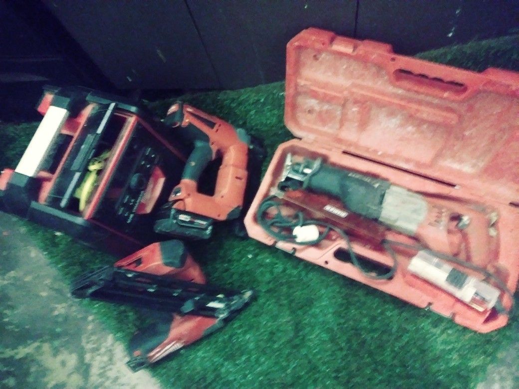 Milwaukee 18v. Fuel nail guns 2 Sawzall with multiple blades Brad nailer. Raidio charger.