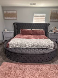 Dorgan Wingback Round King Bed Gray Velvet Tufted Wildon Home