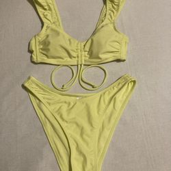 Women’s Two-Piece Bikini Set Size XXSmall Tie Front Cap Sleeves Bralette Yellow