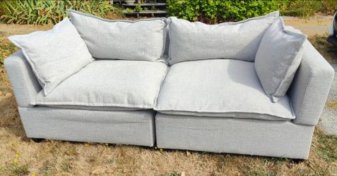 Large light grey couch/ sofa with feather cushions 84" long modular