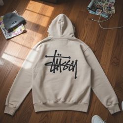 Stussy Hoodie Cream Color With Black Logo
