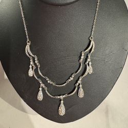 VLCM Clear rhinestone silver tone necklace tear drop, 2 strand design 14”-3” ext