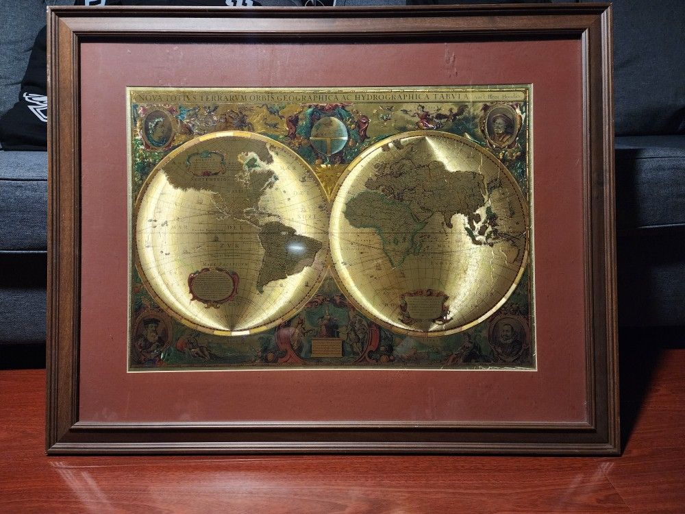 LARGE NOVA TOTIVS TERARUM NOVI ORBIS GOLD FOIL MAP OF THE WORLD.