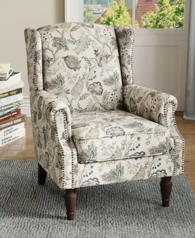 UIXE High Back Floral Accent Chair, Fabric Upholstered Armchair for Living Room, Retro Printed Wingback Arm Chair Nailhead Trim Single Sofa Bedroom Re