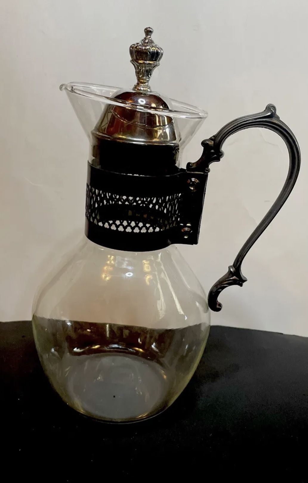 Vintage Glass Pitcher Carafe w/Silver Plated Handle Lid Heat Proof