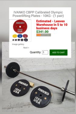 Ivanko Olympic Barbell and 10KG Calibrated Plates. 33130. Delivery for extra 

Professional-grade Ivanko weightlifting set includes one Olympic barbel