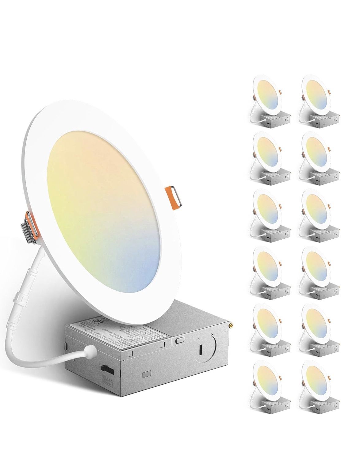 Amico 12 Pack 6 Inch 3CCT Ultra-Thin LED Recessed Downlight with Junction Box, 3000K/4000K/5000K Selectable, 12W Eqv 100W, Dimmable LED Can Lights, 10