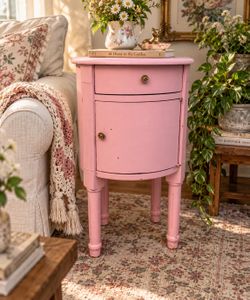 Pink Cottagecore Round Nightstand Shabby Chic Bedside Table Floral Knobs