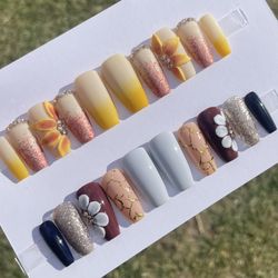 Medium coffin press on nails ombre glitter rhinestones acrylic flowers yellow