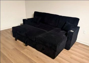 Sectional sofa with pull-out bed & storage black Corduroy