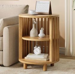 New Round End Table/Bedside Table/ Side Table with Open Storage Shelf,Oak  Natural Wood,for Living Room,Bedroom Nightstand with Curved Profile Design.
