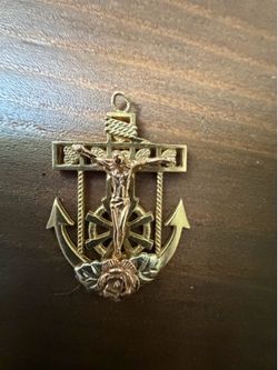 Heavy 14k Solid Gold Curb Chain & Two-Tone Nautical Anchor Crucifix Pendant (23.55g Total)