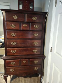 Tall Wood Highboy Dresser with Brass Hardware
