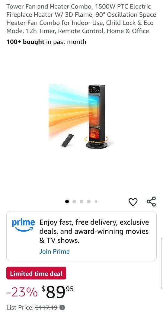 Tower Fan and Heater Combo, 1500W PTC Electric Fireplace Heater W/ 3D Flame, 90° Oscillation Space Heater Fan Combo for Indoor Use, Child Lock & Eco M