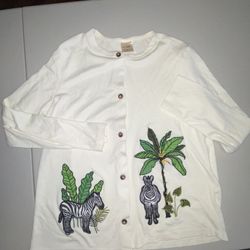 M Vtg BLAIR Zebra Embroidered Cardigan Cream Button Front Grannycore Lightweight
