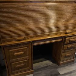 Antique Oak Roll Top Desk With Storage