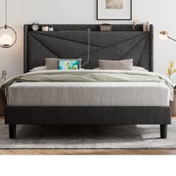 Feonase King Size Bed Frame with Charging Station, Upholstered Platform Bed Frame with Wingback Storage Headboard, Solid Wood Slats Support, 