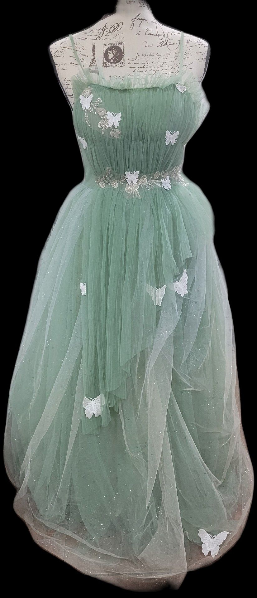 Spaghetti Straps Green Tulle Long Formal Dress