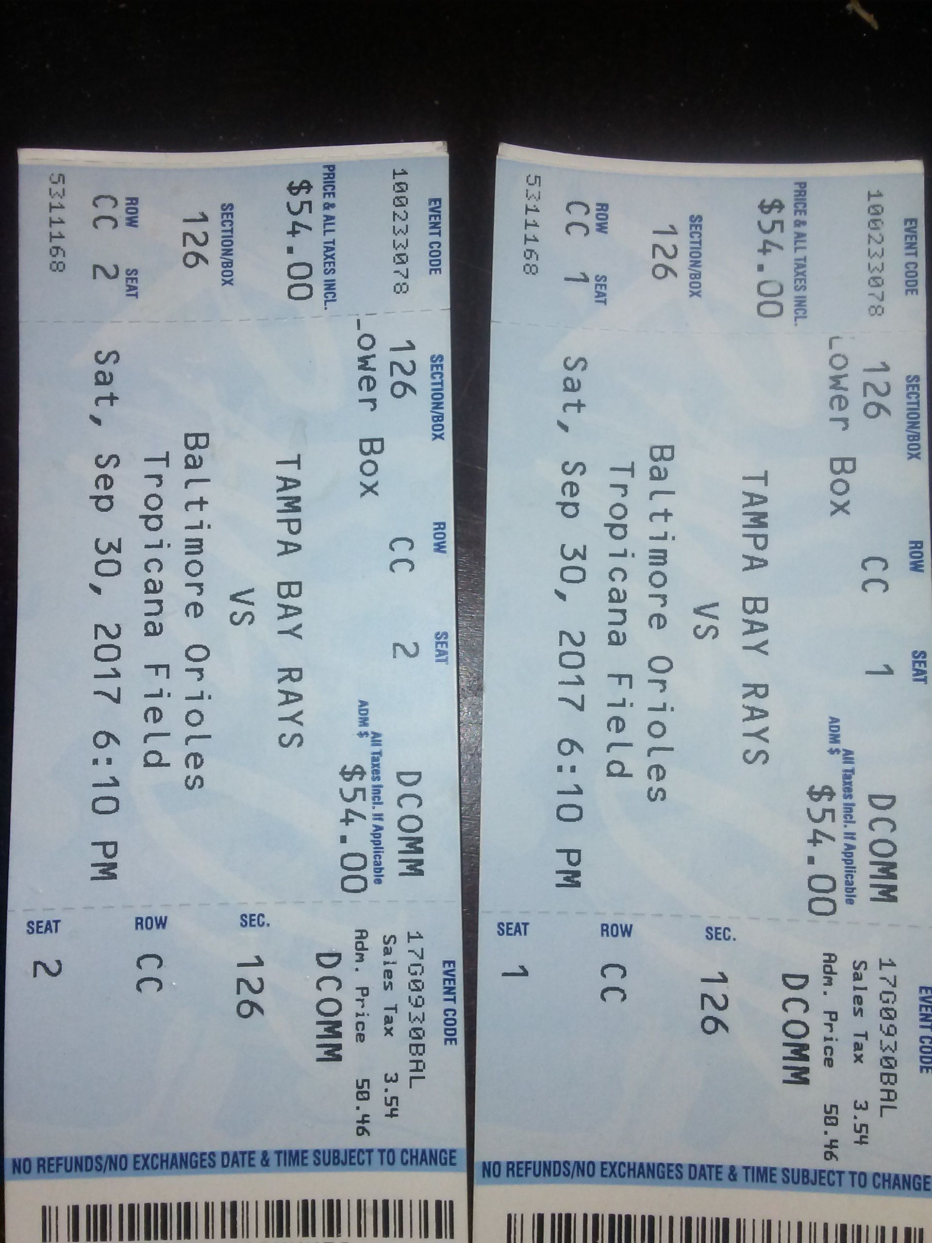 2 tickets for Rays vs Baltimore orioles