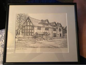Framed Black & White Lithograph/print Shakespeare’s birthplace signed by artist