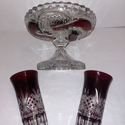 Vintage Bohemian Red Cut Czech Crystal Glasses & Candy Dish/ Pedestal Stand.