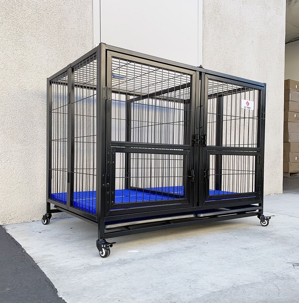 New $230 Folding Dog Cage 43x30x34” Heavy Duty Double-Door Kennel w/ Divider, Plastic Tray 