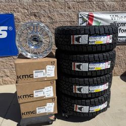 17x8.5 KMC KM555 Machined Wheels + 35x12.50R17 Falken A/T4W – 6x5.5 – Brand New – Premium Package