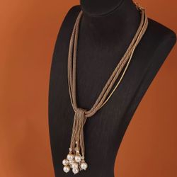 Vintage Gold Mesh Tassel Necklace with Pearl Accents