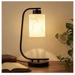 New - Modern Industrial Table Lamp, Marble Pattern Glass Shade Desk Lamp with C-Shaped Black Metal Base