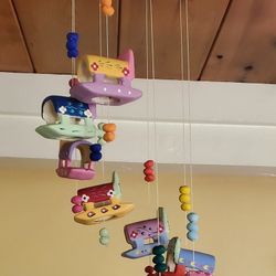 Vintage Hand Painted Mexican Folk Art Clay Pottery Baby Rocking Crib Mobile