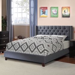 Queen Gray Wingback Button Tufted Bed w. orthopedic Mattress included