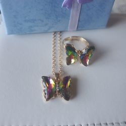 Butterfly Necklace And Ring Set Multicolor Stone