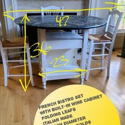 Price DROP!!! FRENCH BISTRO SET WINE CABINET WITH THREE HIGH BAR CHAIRS 